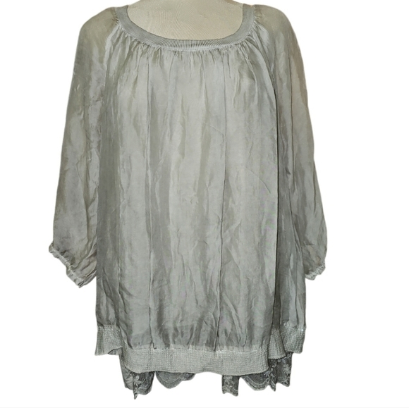 Giusy Italy Silk Blouse Lace Detail Sequins 2 Layers in Front Sheer arms GREY L - Picture 3 of 9